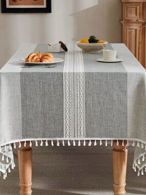 Gray and White Tassel Tablecloth - Home Dining